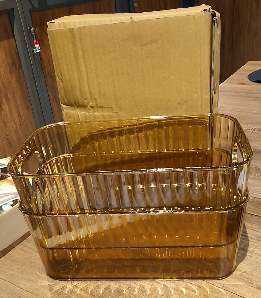 Premium Ribbed Transparent Storage Basket with Gold Handle – Multipurpose Kitchen & Home Organizer Box (25x14cm / 2 Pc) Premium Ribbed Transparent Storage Basket with Gold Handle – Multipurpose Kitchen & Home Organizer Box (25x14cm / 2 Pc)